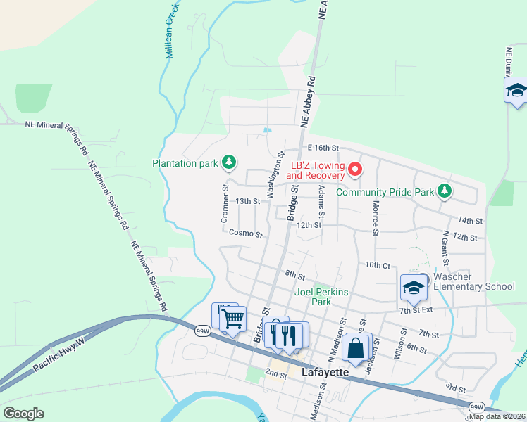 map of restaurants, bars, coffee shops, grocery stores, and more near 1261 Washington Street in Lafayette