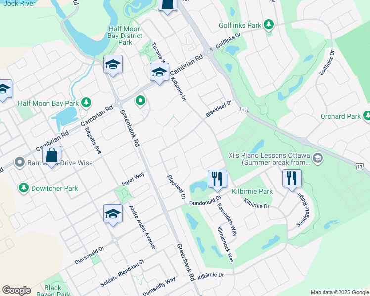 map of restaurants, bars, coffee shops, grocery stores, and more near 82 Decona Terrace in Ottawa
