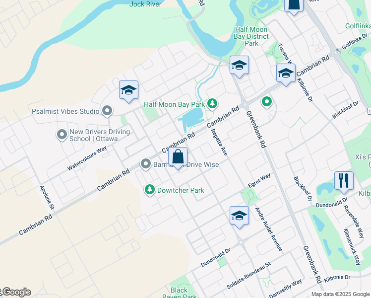 map of restaurants, bars, coffee shops, grocery stores, and more near 2305 River Mist Road in Ottawa