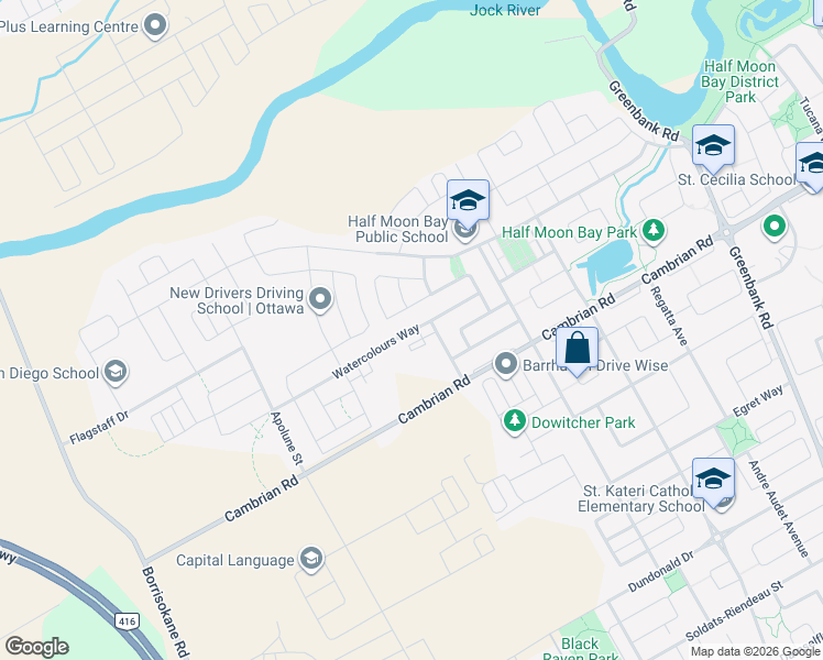 map of restaurants, bars, coffee shops, grocery stores, and more near 2247 Watercolours Way in Ottawa