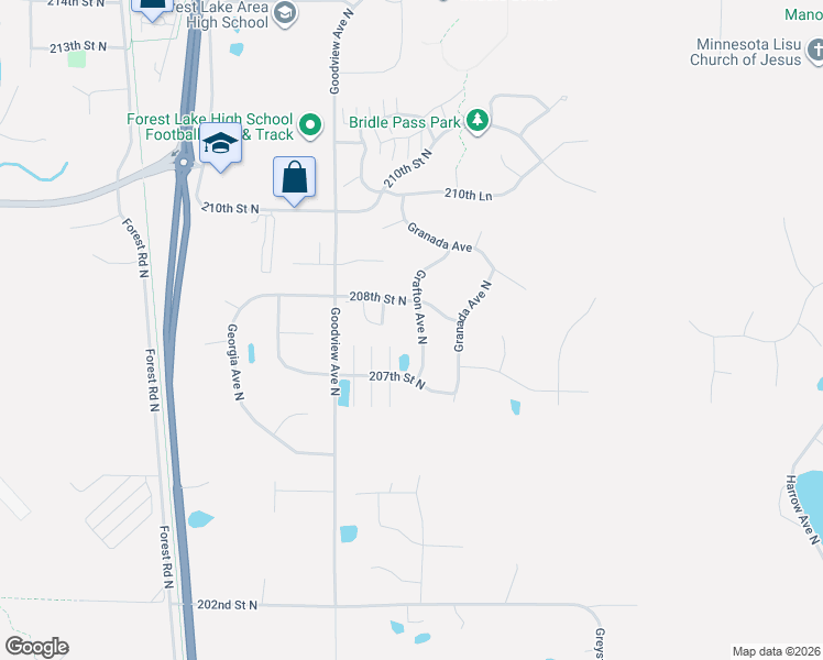 map of restaurants, bars, coffee shops, grocery stores, and more near 20779 Grafton Avenue North in Forest Lake
