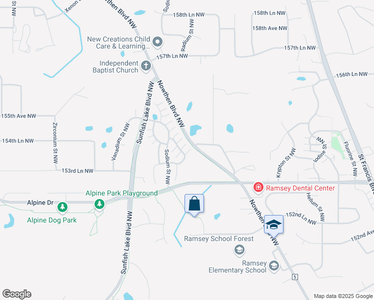 map of restaurants, bars, coffee shops, grocery stores, and more near 15392 Radium Street Northwest in Ramsey