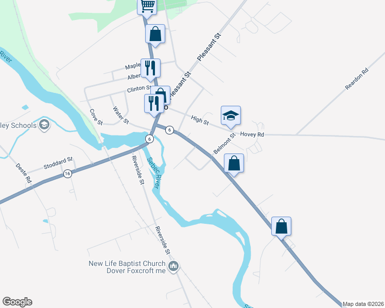 map of restaurants, bars, coffee shops, grocery stores, and more near 5 Spring Street in Milo