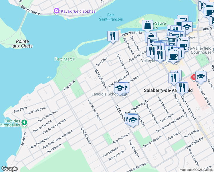 map of restaurants, bars, coffee shops, grocery stores, and more near 18 Boulevard Quévillon in Salaberry-de-Valleyfield