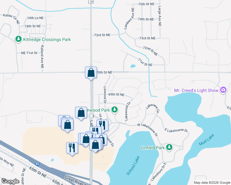 map of restaurants, bars, coffee shops, grocery stores, and more near 11234 69th Street Northeast in Albertville