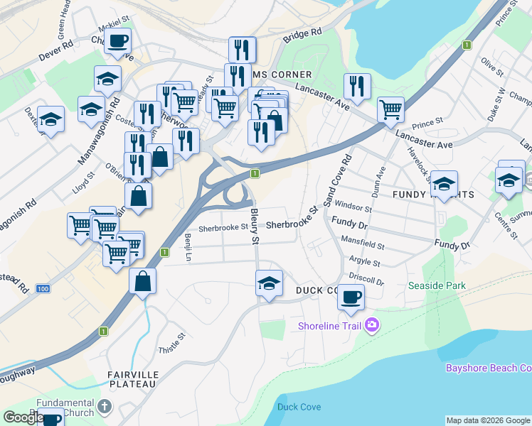 map of restaurants, bars, coffee shops, grocery stores, and more near 262 Simms Street in Saint John