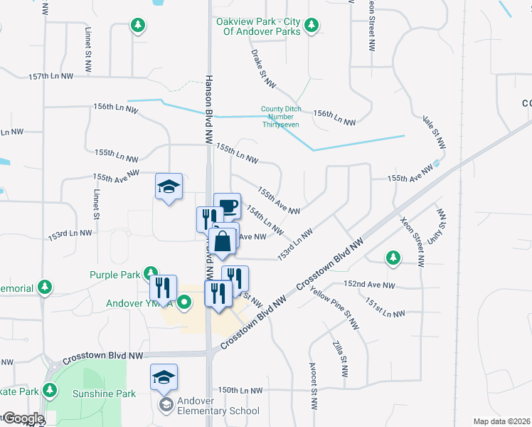 map of restaurants, bars, coffee shops, grocery stores, and more near 1485 154th Lane Northwest in Andover