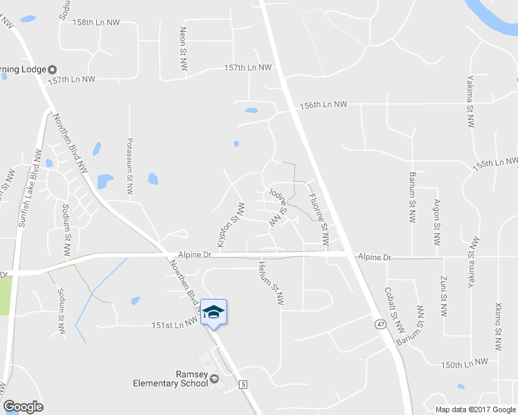 map of restaurants, bars, coffee shops, grocery stores, and more near 5681 154th Court Northwest in Ramsey