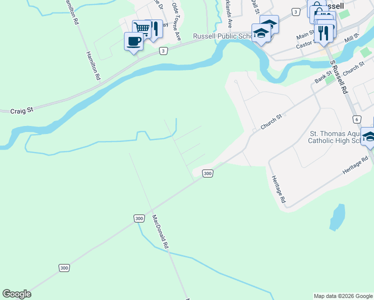 map of restaurants, bars, coffee shops, grocery stores, and more near 255 Peacock Drive in Russell