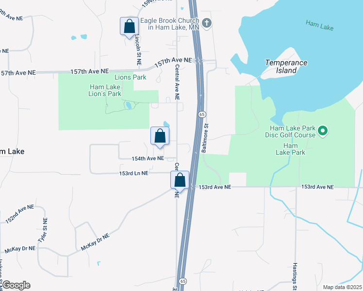 map of restaurants, bars, coffee shops, grocery stores, and more near 15400 Minnesota 65 in Ham Lake