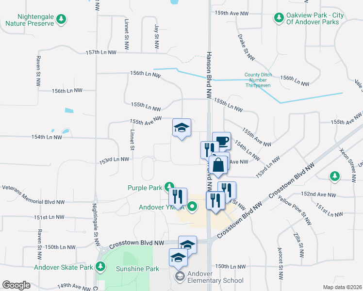 map of restaurants, bars, coffee shops, grocery stores, and more near 15400 Hanson Boulevard Northwest in Andover