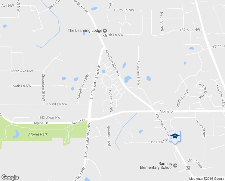 map of restaurants, bars, coffee shops, grocery stores, and more near 15437 Sodium Street Northwest in Ramsey