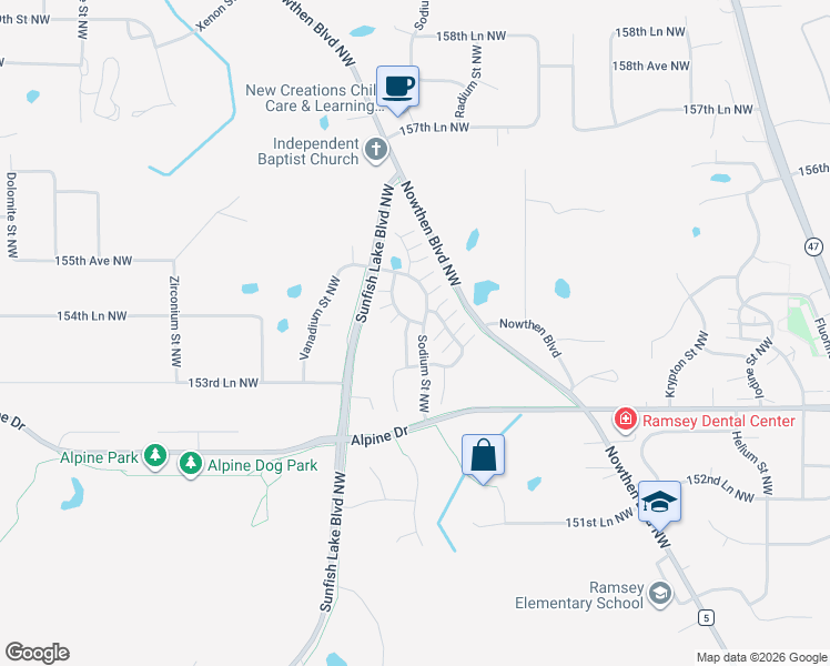 map of restaurants, bars, coffee shops, grocery stores, and more near 15437 Sodium Street Northwest in Ramsey