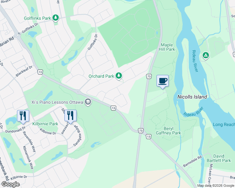 map of restaurants, bars, coffee shops, grocery stores, and more near 170 Culloden Crescent in Ottawa