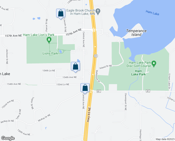 map of restaurants, bars, coffee shops, grocery stores, and more near 15400 Minnesota 65 in Ham Lake