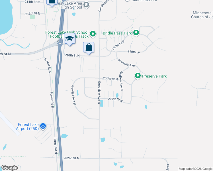 map of restaurants, bars, coffee shops, grocery stores, and more near 6369 208th Street Way North in Forest Lake