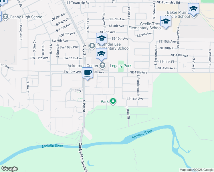 map of restaurants, bars, coffee shops, grocery stores, and more near 348 Southeast 14th Place in Canby