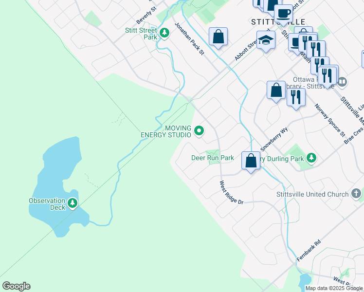 map of restaurants, bars, coffee shops, grocery stores, and more near 664 Birchland Crescent in Ottawa