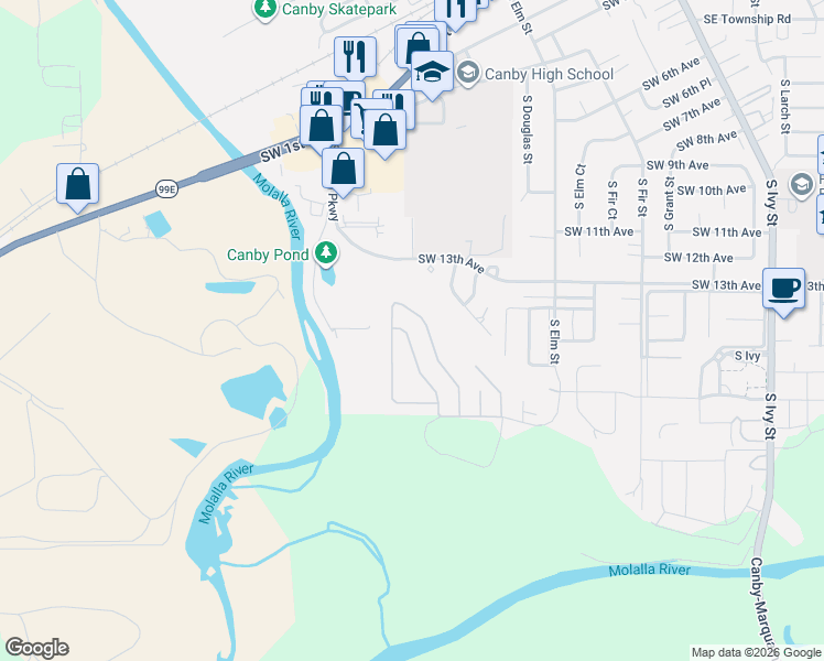 map of restaurants, bars, coffee shops, grocery stores, and more near 1348 Southwest Berg Parkway in Canby