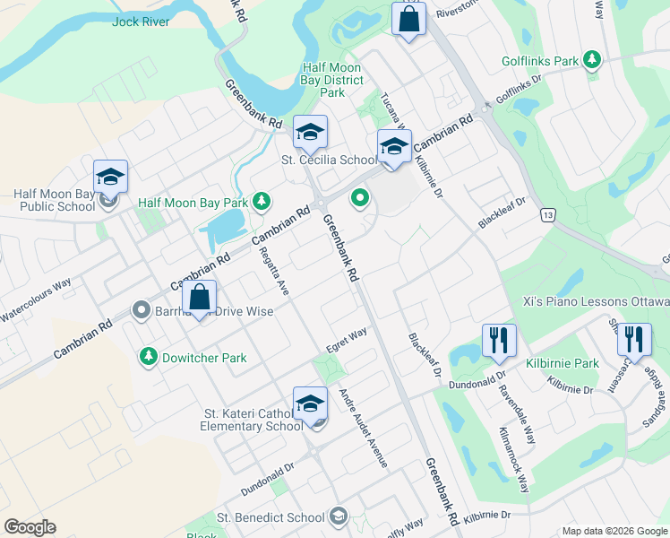 map of restaurants, bars, coffee shops, grocery stores, and more near 175 Brambling Way in Ottawa