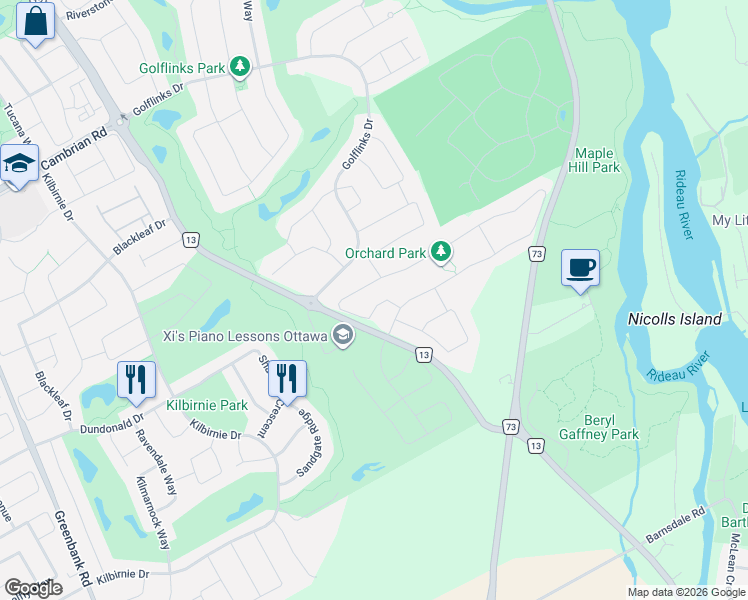 map of restaurants, bars, coffee shops, grocery stores, and more near 547 Kilspindie Ridge in Ottawa