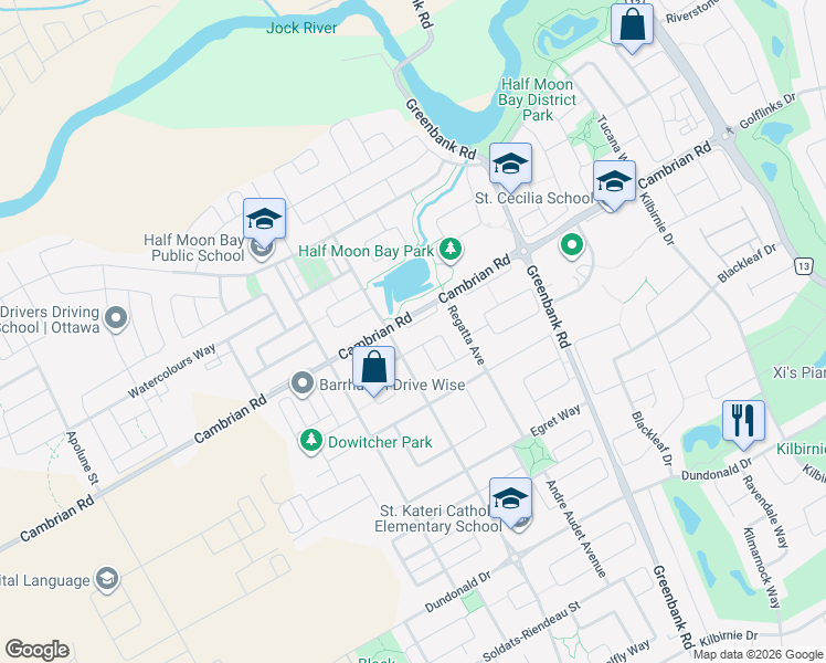 map of restaurants, bars, coffee shops, grocery stores, and more near 3566 Cambrian Road in Ottawa