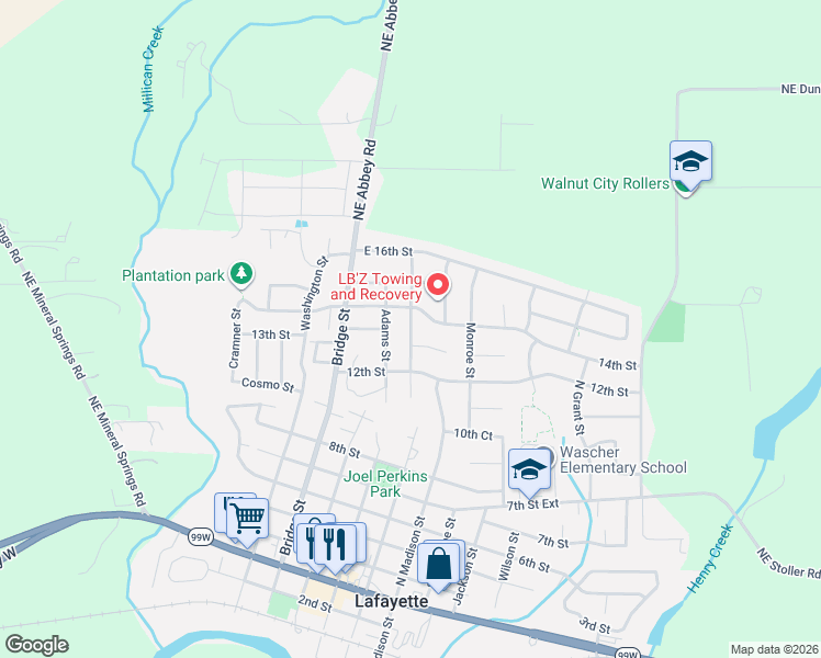 map of restaurants, bars, coffee shops, grocery stores, and more near North Jefferson Street in Lafayette