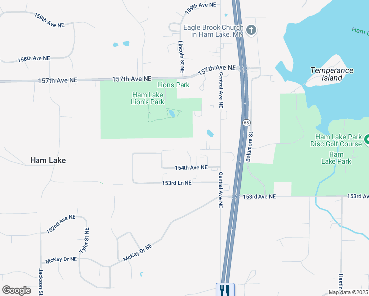 map of restaurants, bars, coffee shops, grocery stores, and more near 1257 154th Avenue Northeast in Ham Lake