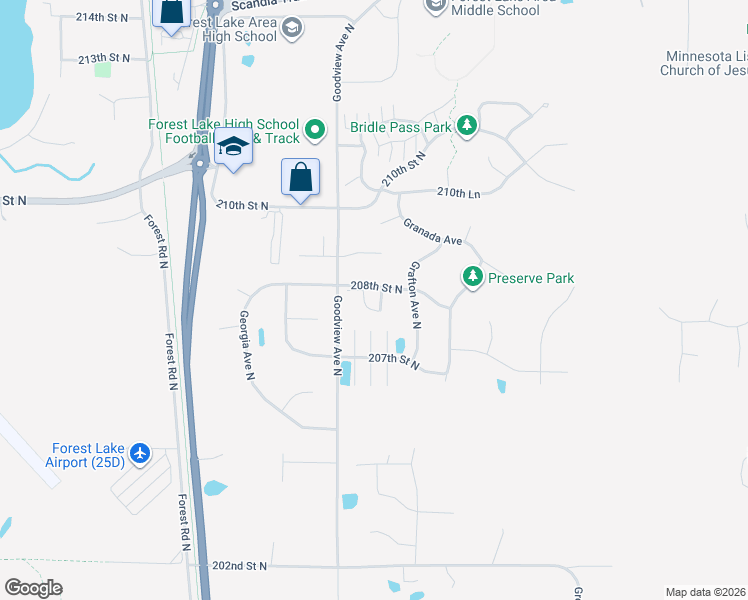 map of restaurants, bars, coffee shops, grocery stores, and more near 6401 208th Street Circle North in Forest Lake