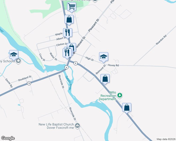 map of restaurants, bars, coffee shops, grocery stores, and more near 26 Elm Street in Milo