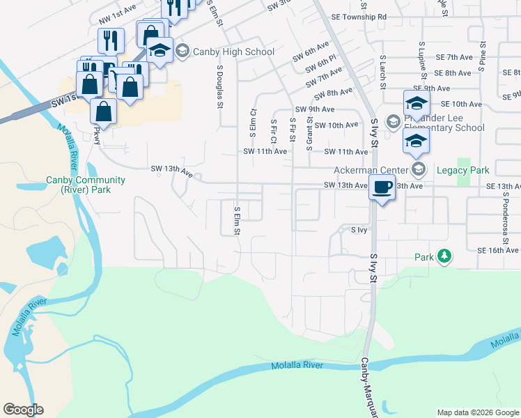 map of restaurants, bars, coffee shops, grocery stores, and more near 464 Southeast 15th Avenue in Canby