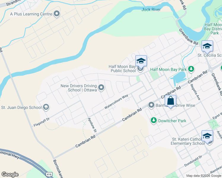 map of restaurants, bars, coffee shops, grocery stores, and more near 721 Megrez Way in Ottawa