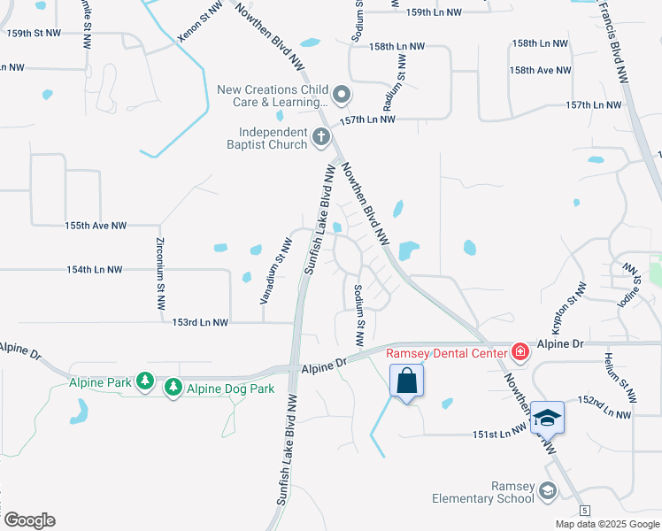 map of restaurants, bars, coffee shops, grocery stores, and more near 15403 Sunfish Lake Boulevard Northwest in Ramsey