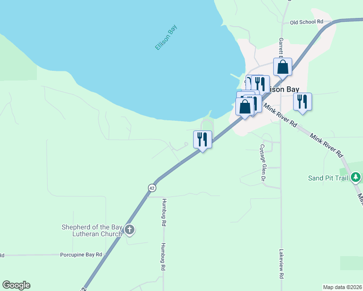 map of restaurants, bars, coffee shops, grocery stores, and more near 1736 Hillside Drive in Ellison Bay