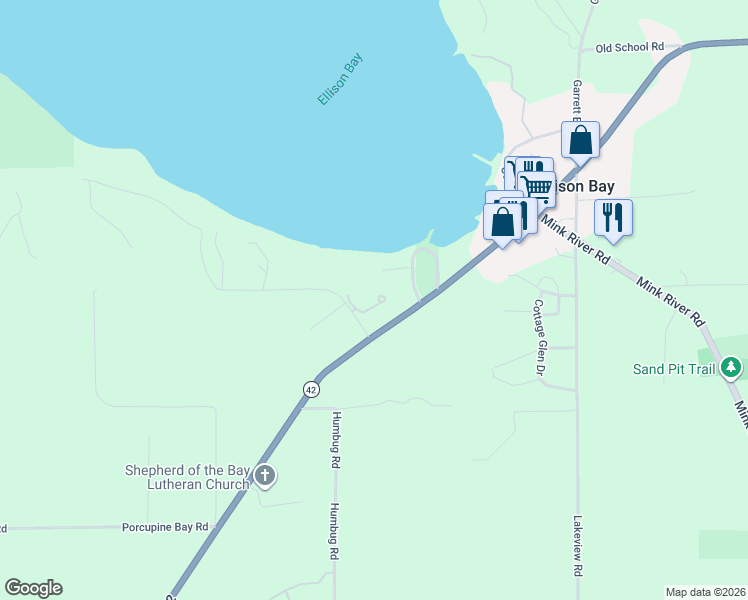 map of restaurants, bars, coffee shops, grocery stores, and more near 1736 Hillside Drive in Ellison Bay