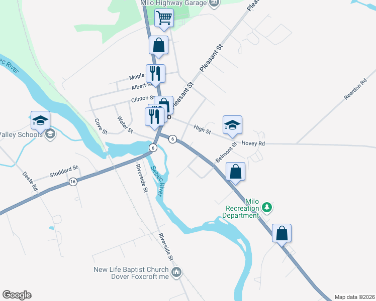 map of restaurants, bars, coffee shops, grocery stores, and more near 26 Elm Street in Milo