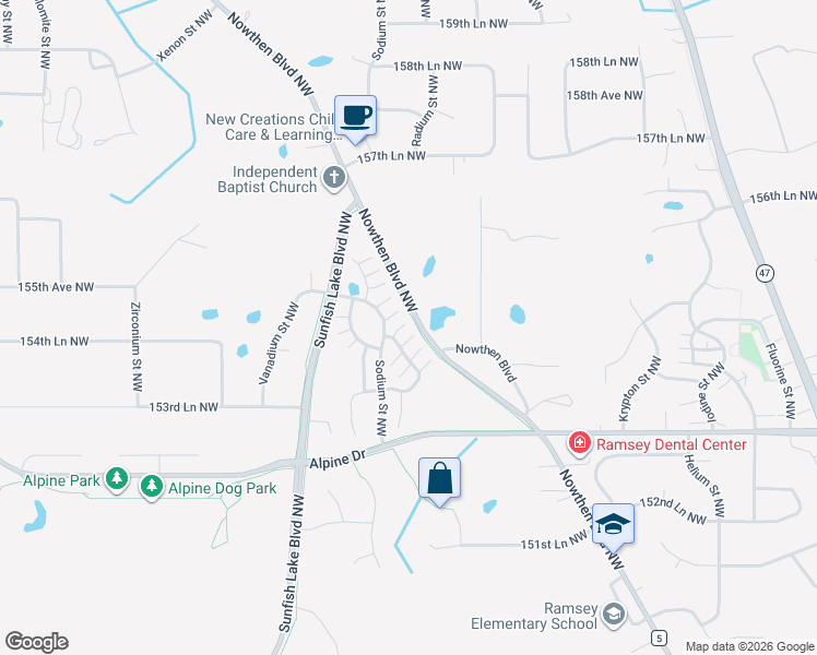 map of restaurants, bars, coffee shops, grocery stores, and more near 15473 Radium Street Northwest in Ramsey