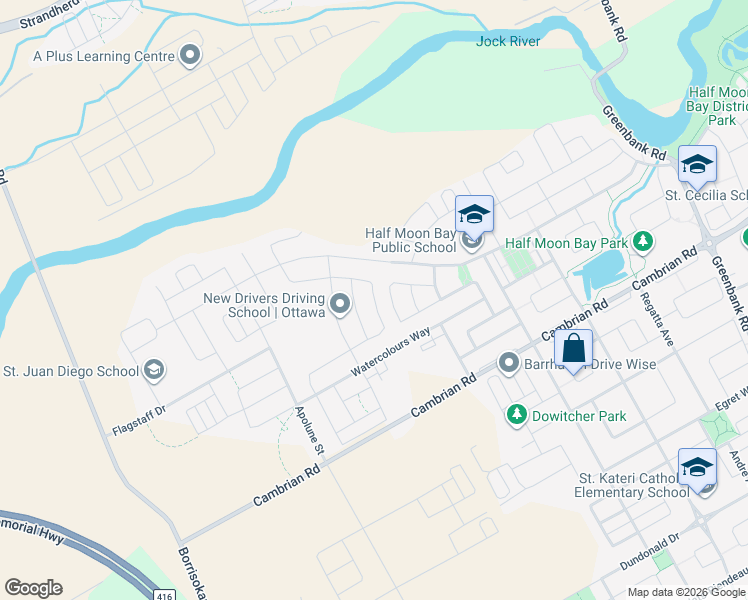 map of restaurants, bars, coffee shops, grocery stores, and more near 711 Megrez Way in Ottawa