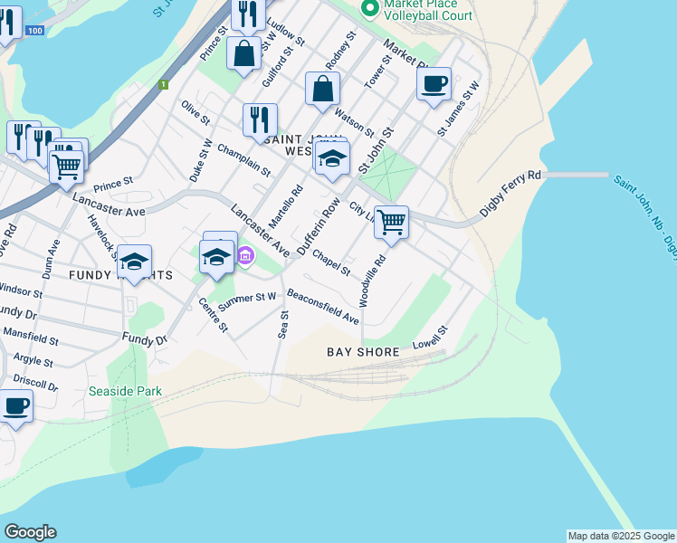 map of restaurants, bars, coffee shops, grocery stores, and more near 710 Chapel Street in Saint John