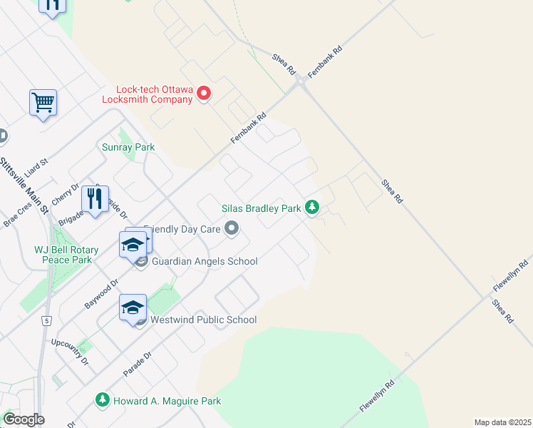 map of restaurants, bars, coffee shops, grocery stores, and more near 843 Sendero Way in Ottawa