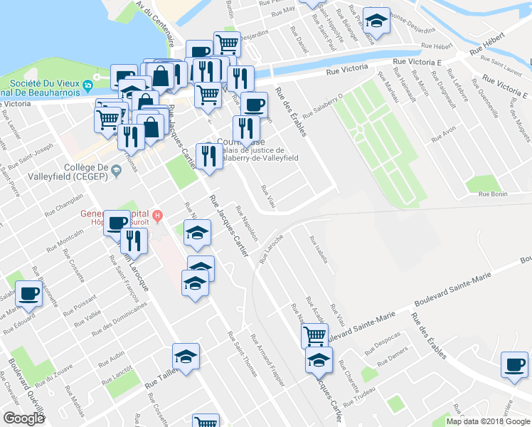 map of restaurants, bars, coffee shops, grocery stores, and more near Rue Académie in Salaberry-de-Valleyfield
