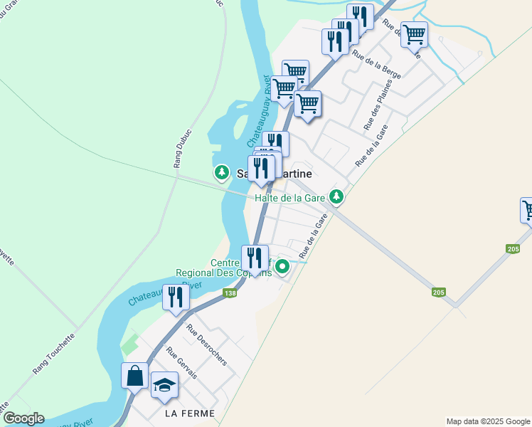 map of restaurants, bars, coffee shops, grocery stores, and more near 239 Rue Saint-Joseph in Sainte-Martine