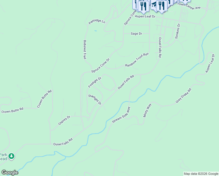 map of restaurants, bars, coffee shops, grocery stores, and more near 417 Firelight Drive in Big Sky