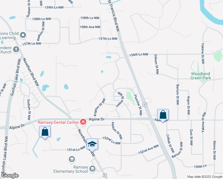 map of restaurants, bars, coffee shops, grocery stores, and more near 15490 Iodine Street Northwest in Ramsey