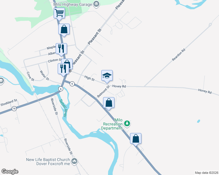 map of restaurants, bars, coffee shops, grocery stores, and more near 18 Belmont Street in Milo