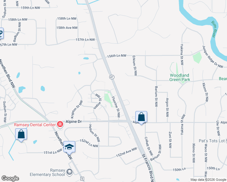 map of restaurants, bars, coffee shops, grocery stores, and more near 5552 154th Lane Northwest in Ramsey