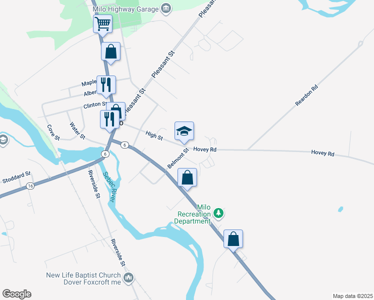 map of restaurants, bars, coffee shops, grocery stores, and more near 18 Belmont Street in Milo
