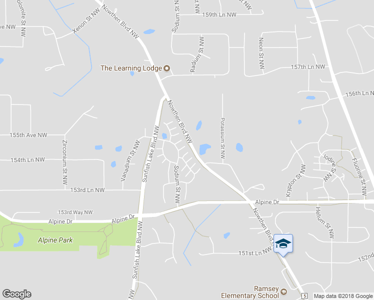 map of restaurants, bars, coffee shops, grocery stores, and more near 15473 Radium Street Northwest in Ramsey