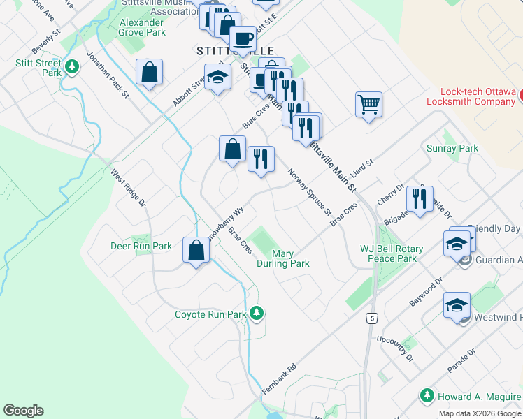 map of restaurants, bars, coffee shops, grocery stores, and more near 18 McCuaig Drive in Ottawa
