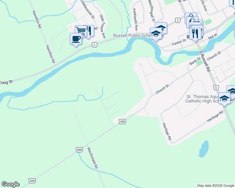 map of restaurants, bars, coffee shops, grocery stores, and more near 440 Falcon Lane in Russell